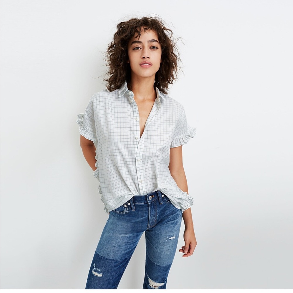 Madewell Windowpane Ruffle Sleeve Buttondown